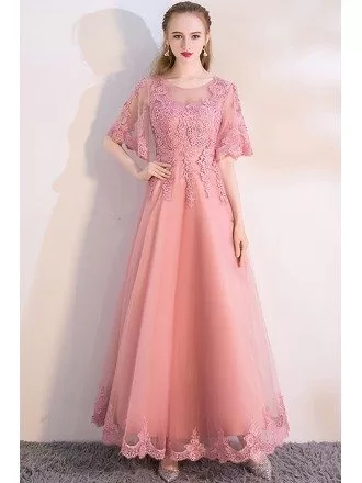 Pink Puffy Sleeves Aline Long Party Dress with Appliques
