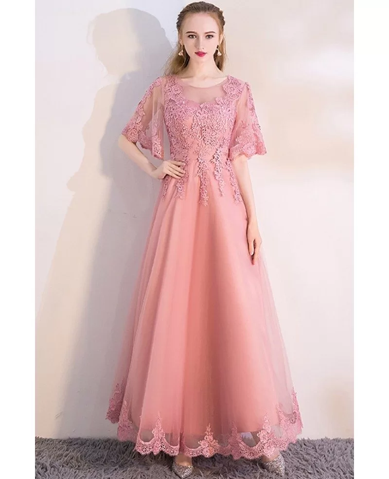 Pink Puffy Sleeves Aline Long Party Dress with Appliques #MXL86046 ...