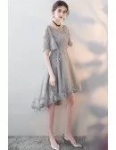 Grey Lace High Low Homecoming Party Dress with Butterfly Sleeves