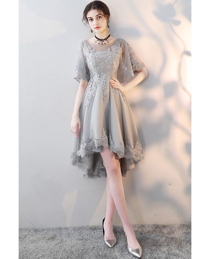 grey lace cocktail dress