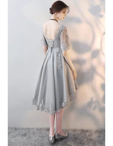 Grey Lace High Low Homecoming Party Dress with Butterfly Sleeves