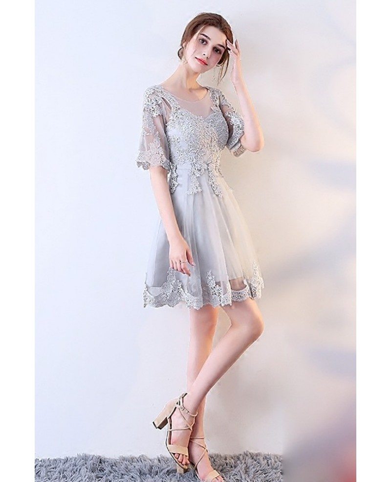 Dusty Grey Lace Short Tulle Party Dress Sheer Neckline #MXL86006 ...