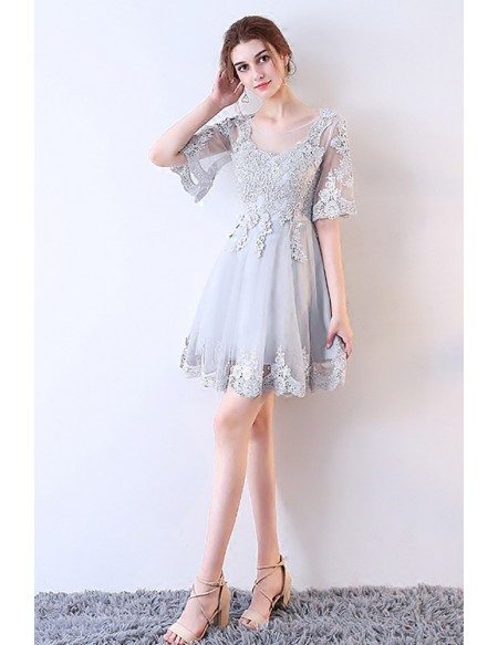 Dusty Grey Lace Short Tulle Party Dress Sheer Neckline