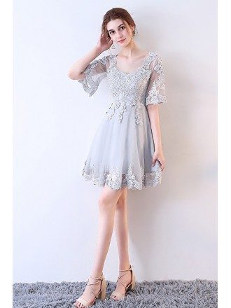 Dusty Grey Lace Short Tulle Party Dress Sheer Neckline