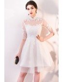 Retro White Lace and Tulle Party Dress with Sleeves