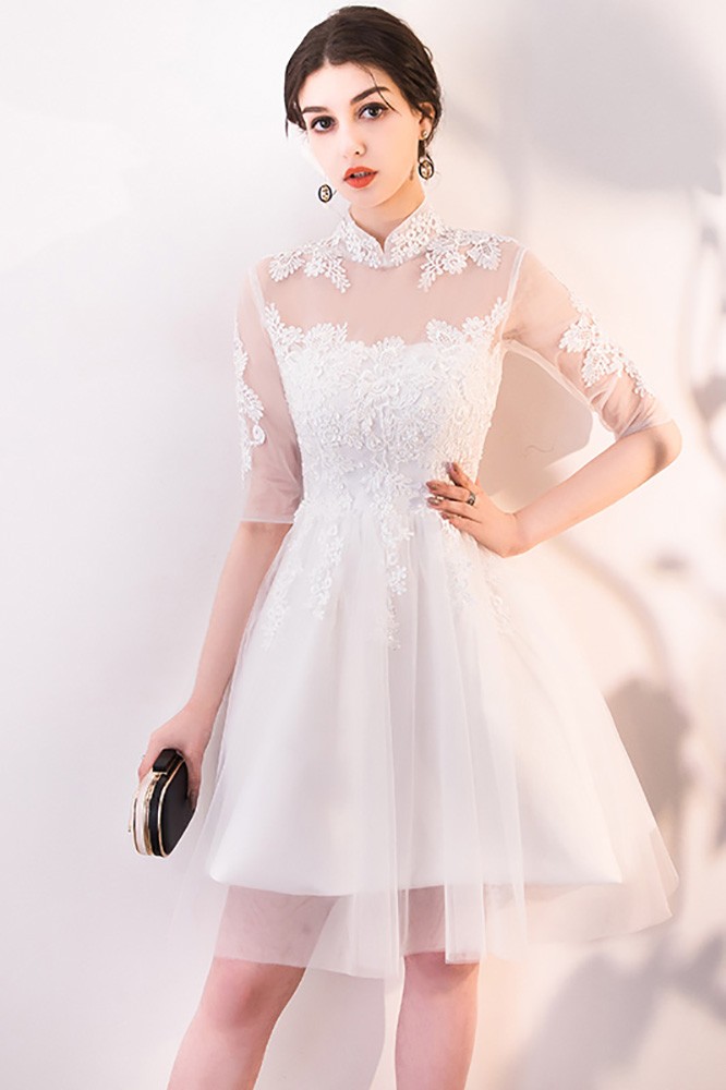 Retro White Lace and Tulle Party Dress with Sleeves #MXL86068 ...