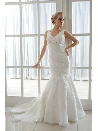 Mermaid V-neck Court Train Satin Wedding Dress With Beading Appliques Lace