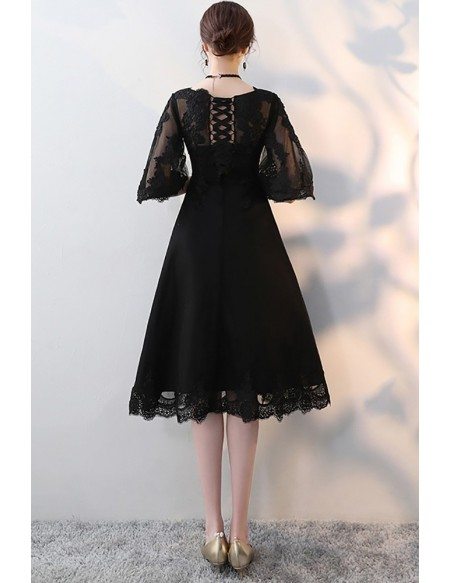 Black Knee Length Homecoming Party Dress with Sheer Sleeves