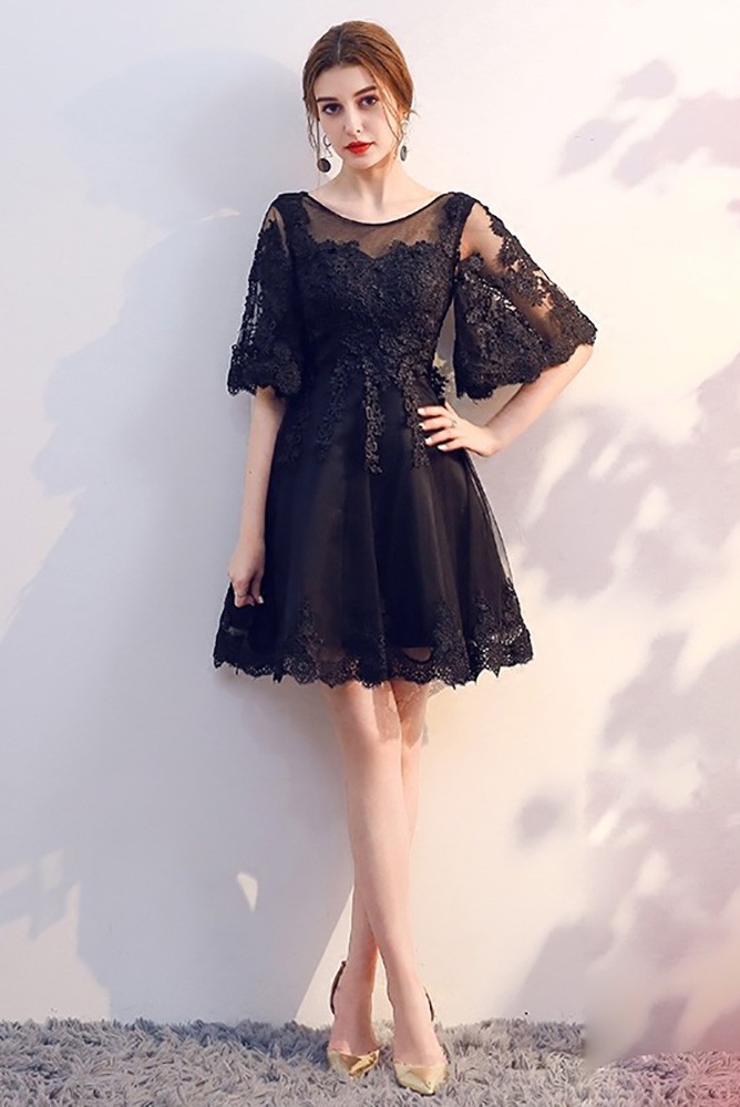 Short Black Lace Homecoming Party Dress with Sleeves #MXL86002 ...