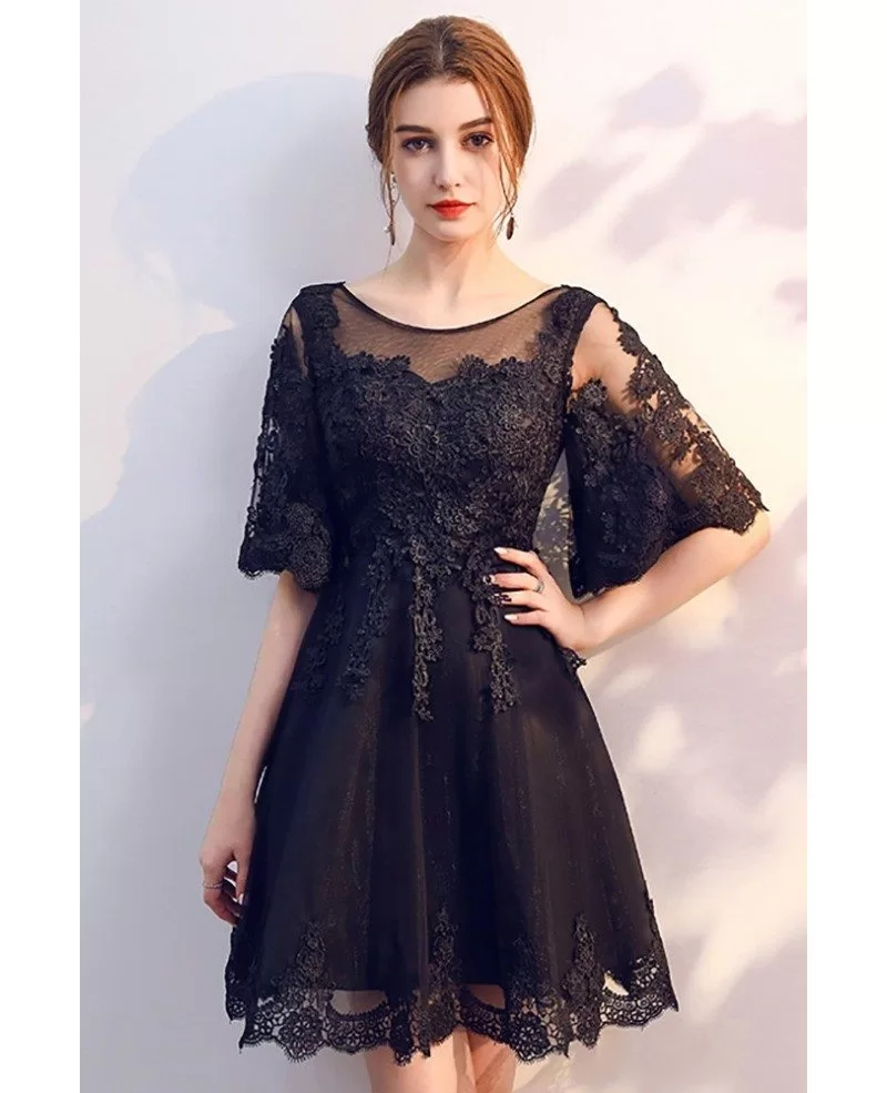 Short Black Lace Homecoming Party Dress With Sleeves Mxl86002