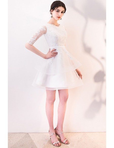 Short White Lace Ruffled Party Dress with Half Sleeves