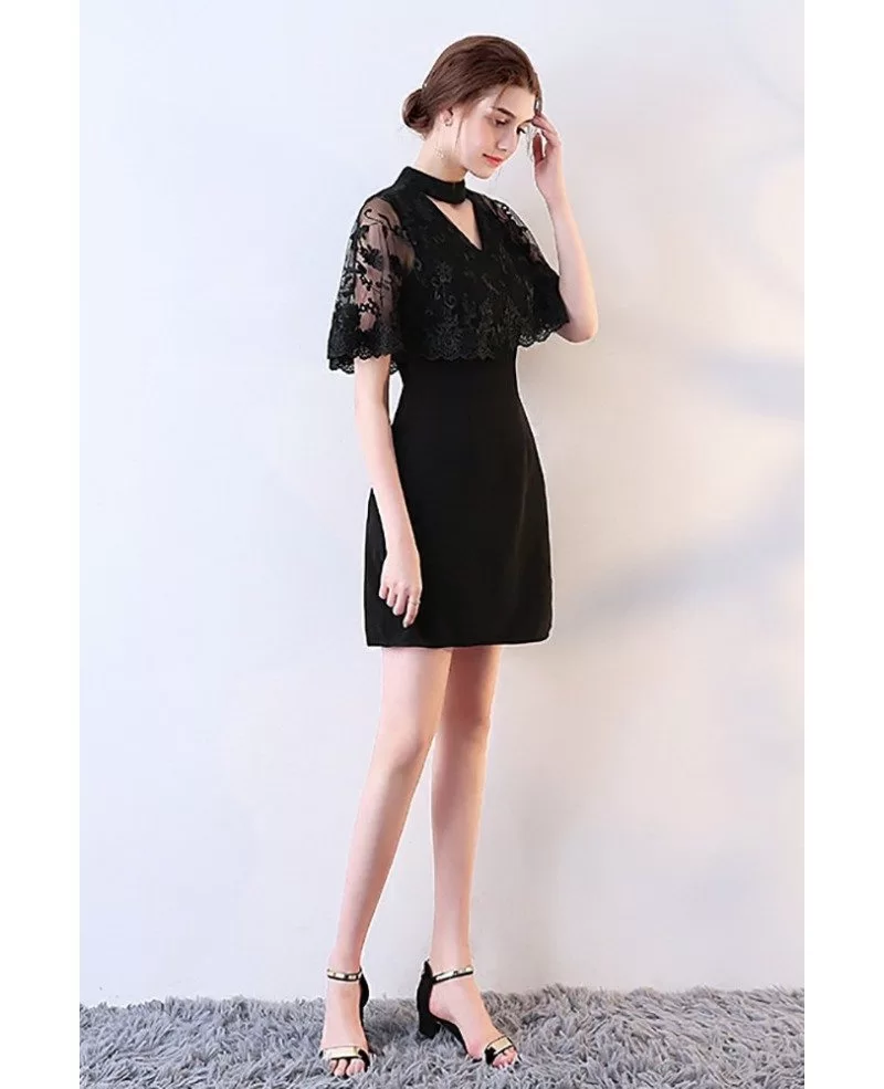 Little Black Lace Cocktail Party Dress with Cape #MXL86019 - GemGrace.com