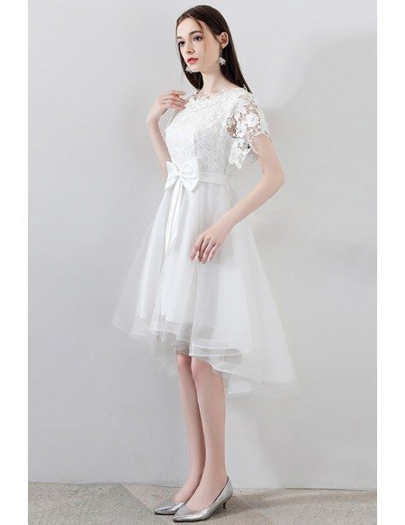 Gorgeous White Big Bow Tulle Party Dress High Low with Lace