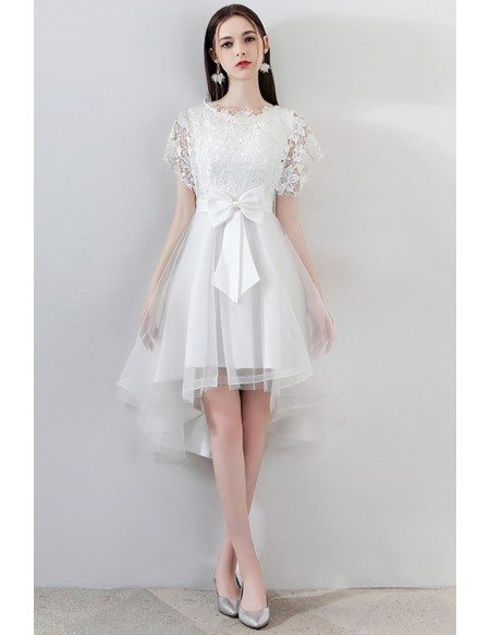 Gorgeous White Big Bow Tulle Party Dress High Low with Lace