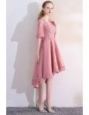 Mauve Lace High Low Homecoming Party Dress with Sleeves