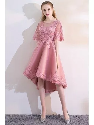 Mauve Lace High Low Homecoming Party Dress with Sleeves