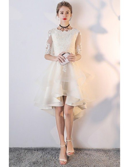 Light Champagne Lace Ruffled Wedding Party Dress with Sleeves