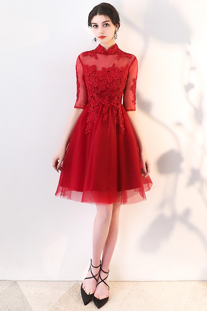 Vintage Lace Burgundy Red Homecoming Prom Dress with Collar Sleeves # ...