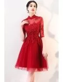 Vintage Lace Burgundy Red Homecoming Prom Dress with Collar Sleeves
