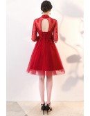 Vintage Lace Burgundy Red Homecoming Prom Dress with Collar Sleeves
