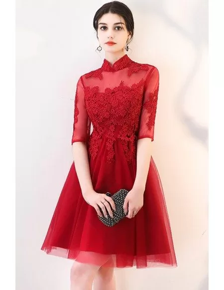 Vintage Lace Burgundy Red Homecoming Prom Dress with Collar Sleeves # ...