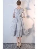 Grey Lace Ruffled Homecoming Prom Dress with Sleeves