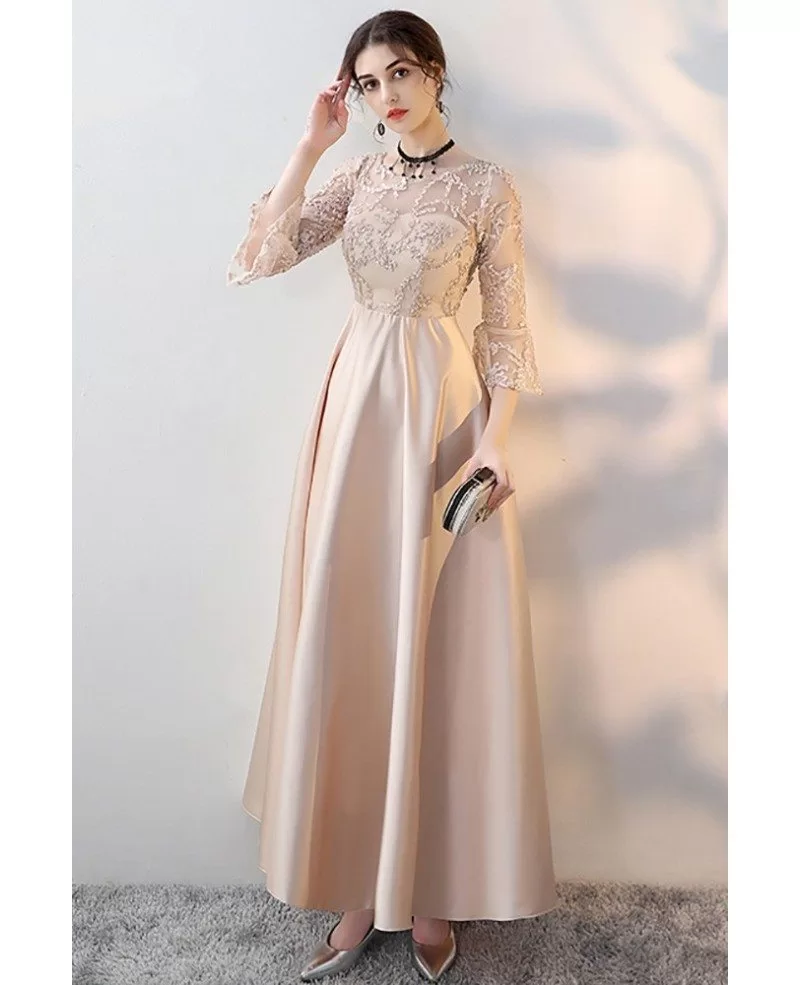 Retro Champagne Aline Long Formal Dress with 3/4 Sleeves #MXL86078 ...