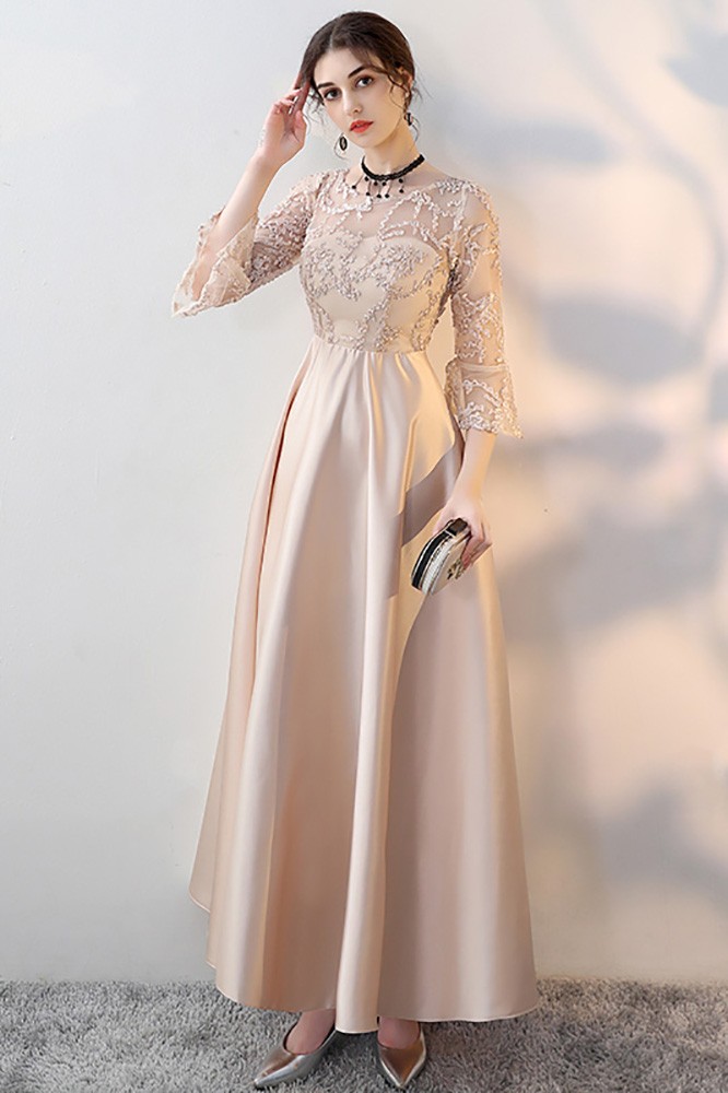 Retro Champagne Aline Long Formal Dress with 3/4 Sleeves #MXL86078 ...