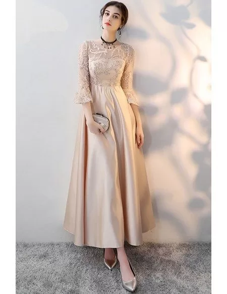Retro Champagne Aline Long Formal Dress with 3/4 Sleeves