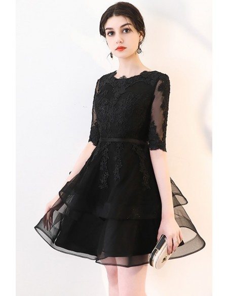 Chic Black Lace Sleeve Short Homecoming Party Dress with Ruffles