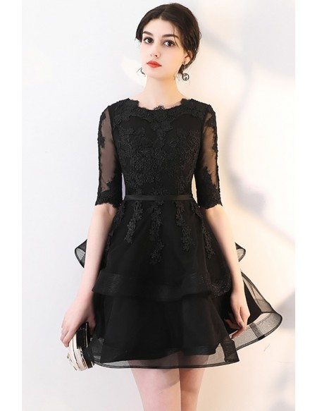 Chic Black Lace Sleeve Short Homecoming Party Dress with Ruffles