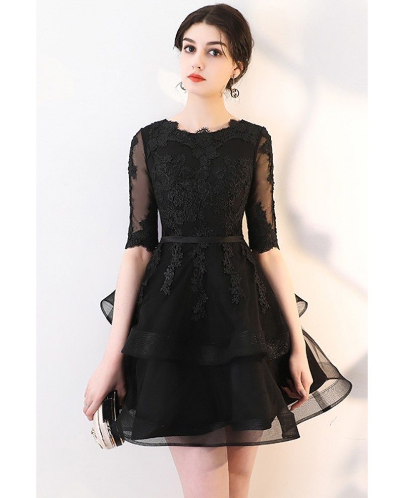 Chic Black Lace Sleeve Short Homecoming Party Dress with Ruffles # ...