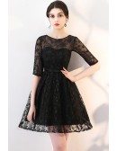 Black Lace Aline Short Homecoming Dress with Sheer Sleeves