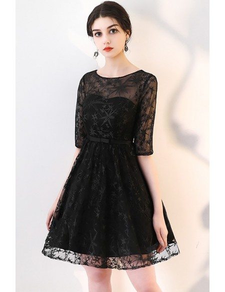 Black Lace Aline Short Homecoming Dress with Sheer Sleeves