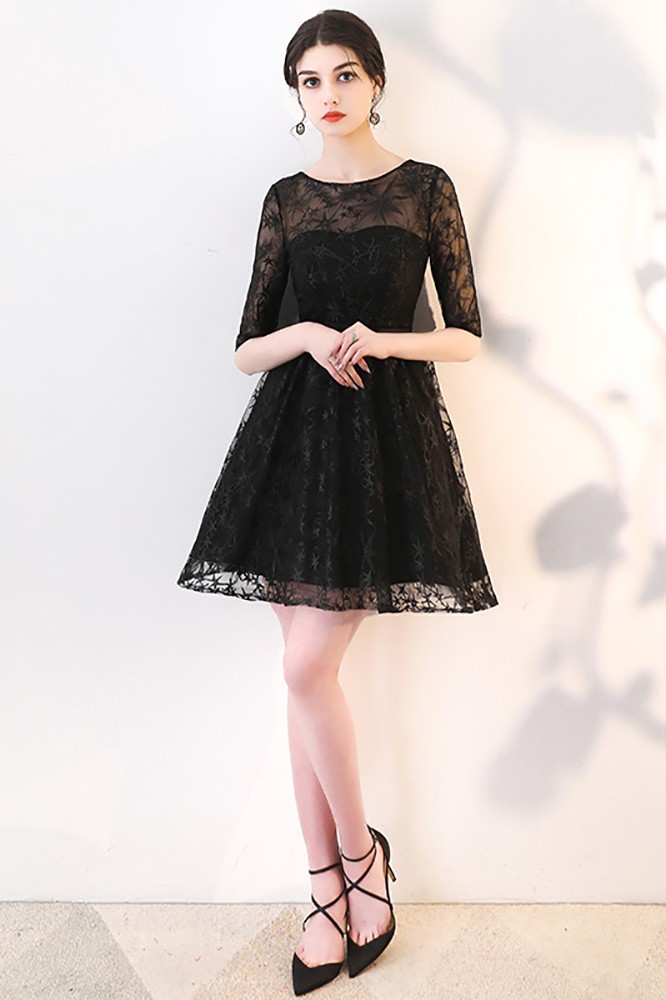 Black Lace Aline Short Homecoming Dress with Sheer Sleeves #MXL86054 ...