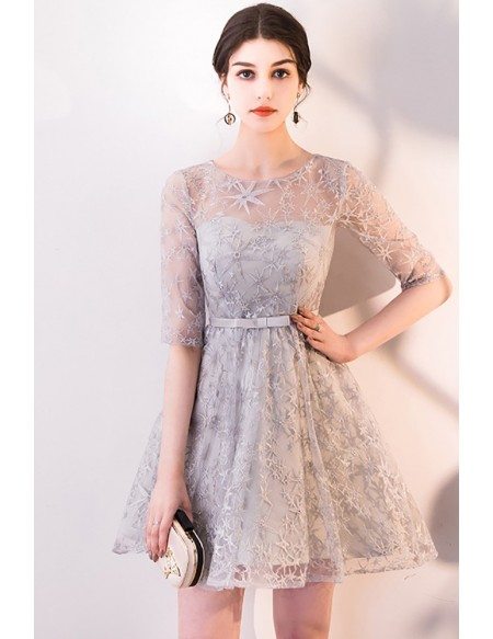 Elegant Grey Short Homecoming Dress Sheer Neckline and Sleeves # ...