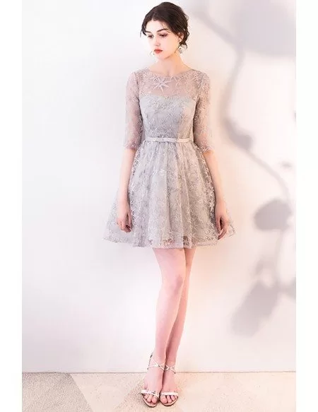Elegant Grey Short Homecoming Dress Sheer Neckline and Sleeves