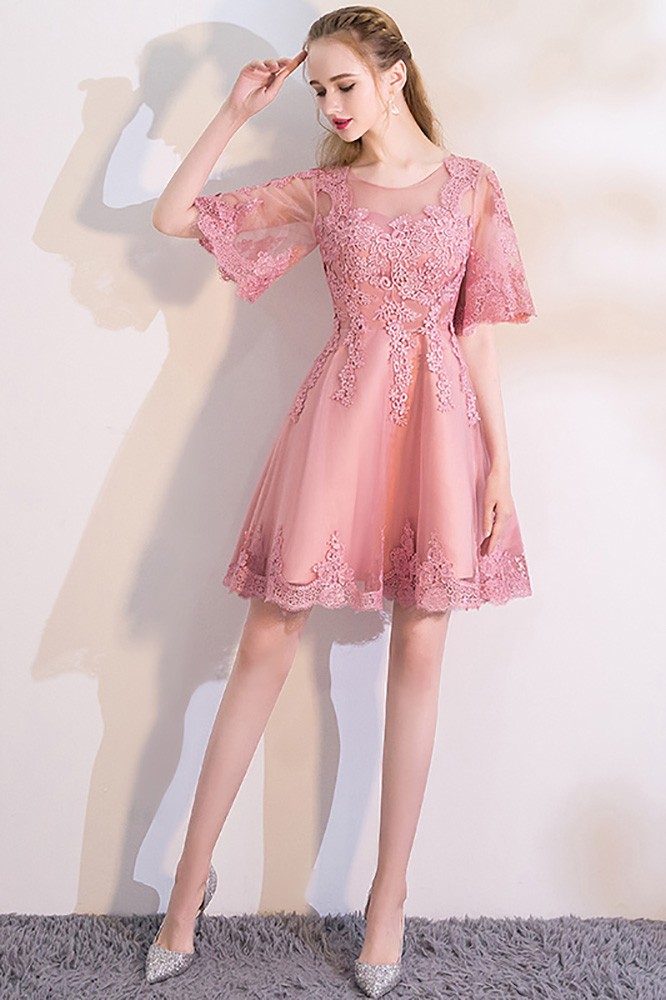 Pink Puffy Sleeves Lace Short Homecoming Dress #MXL86023 - GemGrace.com