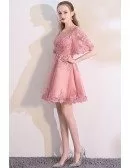 Pink Puffy Sleeves Lace Short Homecoming Dress