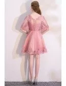 Pink Puffy Sleeves Lace Short Homecoming Dress