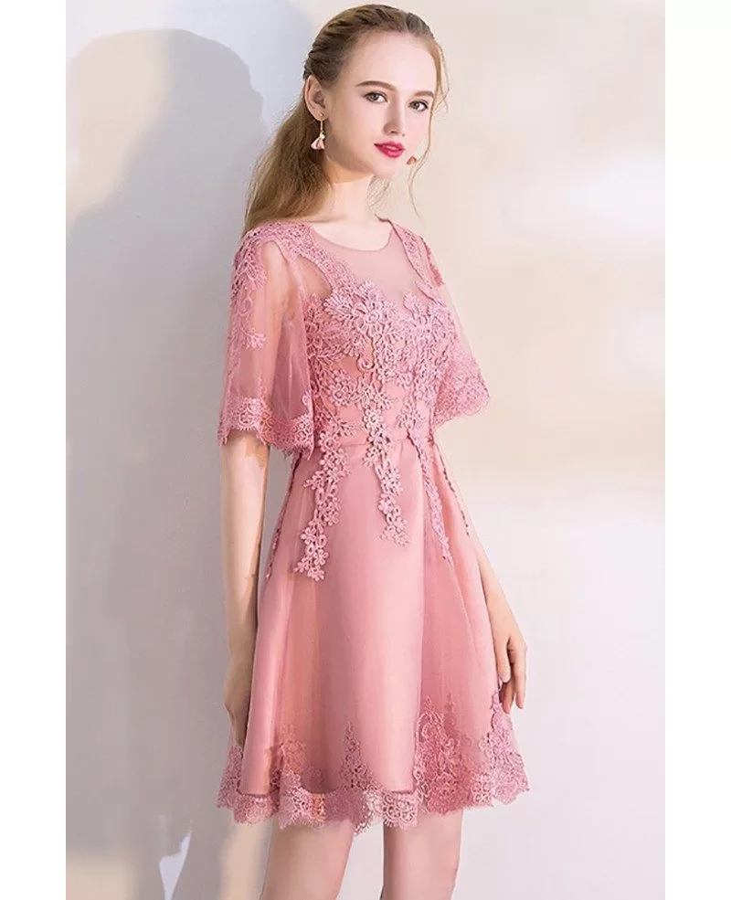 Pink Puffy Sleeves Lace Short Homecoming Dress #MXL86023 - GemGrace.com
