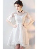 Elegant White Lace High Low Party Dress with Sleeves