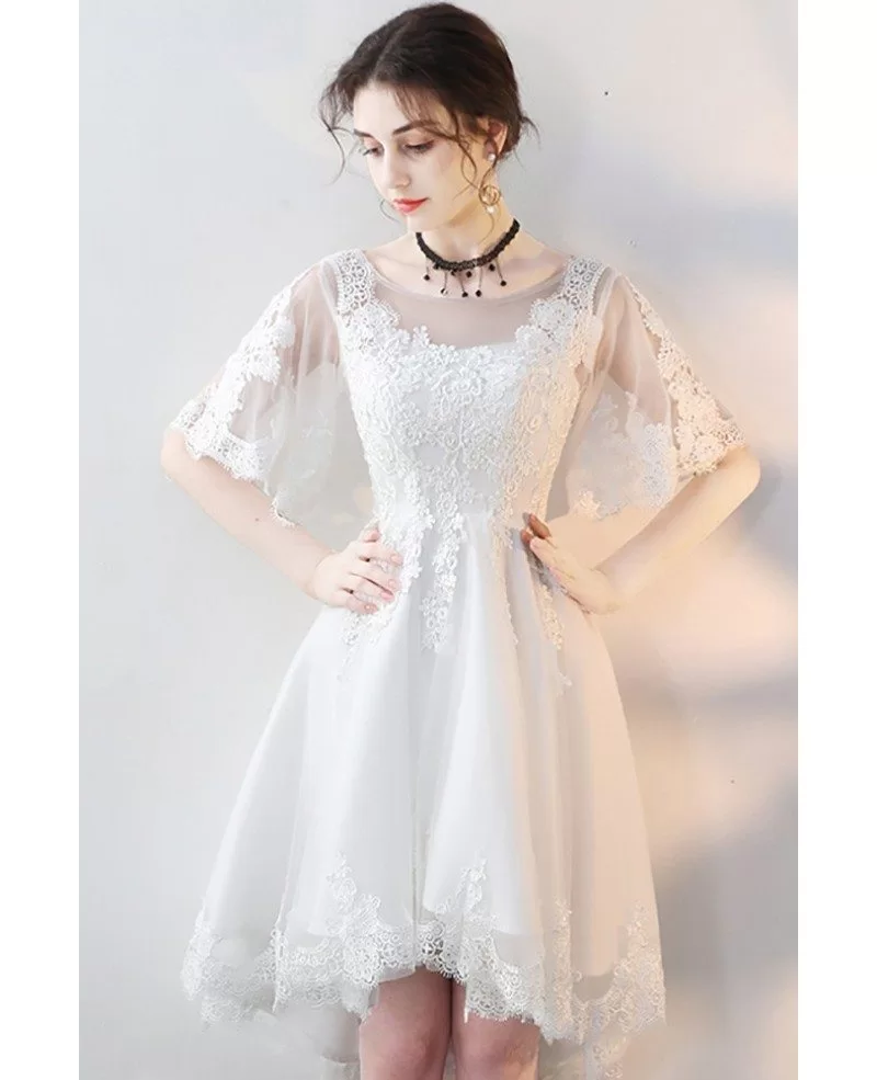 Elegant White Lace High Low Party Dress with Sleeves #MXL86003 ...