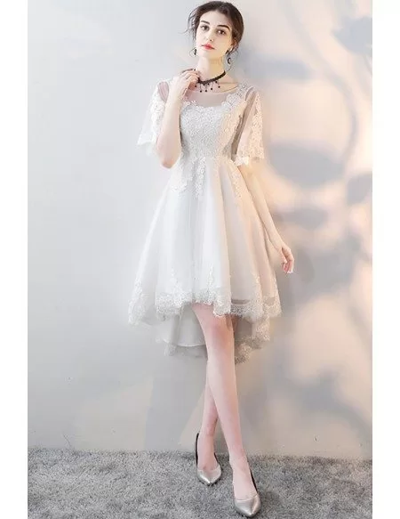 Elegant White Lace High Low Party Dress with Sleeves