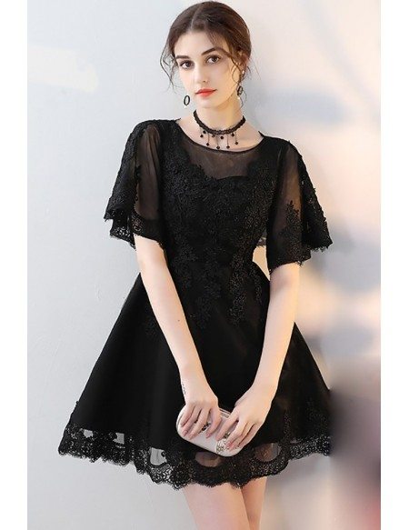 Mini Little Black Aline Lace Party Dress with Sleeves