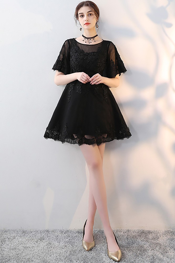 Mini Little Black Aline Lace Party Dress with Sleeves #MXL86013 ...