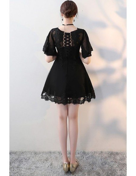 Mini Little Black Aline Lace Party Dress with Sleeves