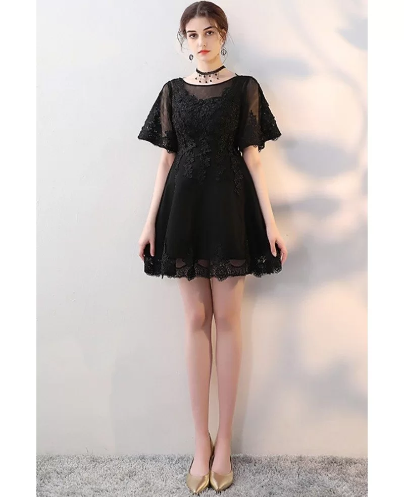 Mini Little Black Aline Lace Party Dress with Sleeves #MXL86013 ...