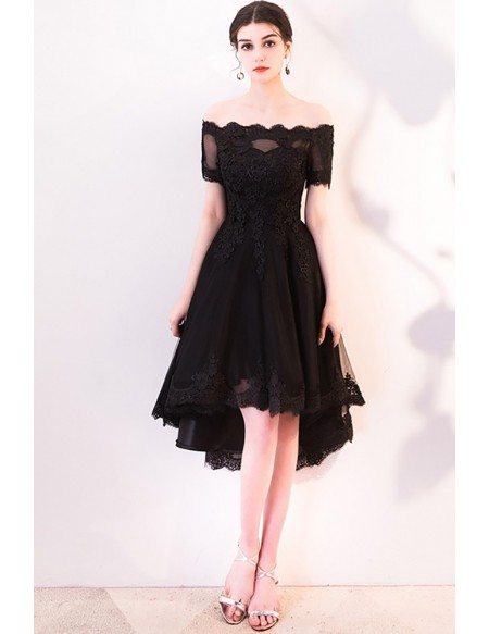 Charming Black Lace Off Shoulder Homecoming Dress High Low #MXL86060 ...