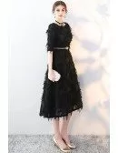 Unique Black Feathers Party Dress Tea Length with Sleeves